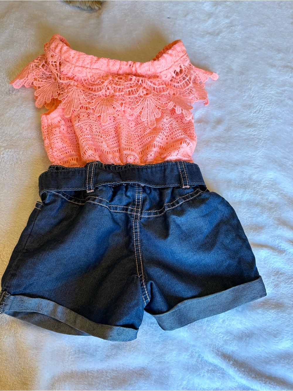Limited Too Coral Lace Top with Dark Blue Denim Shorts